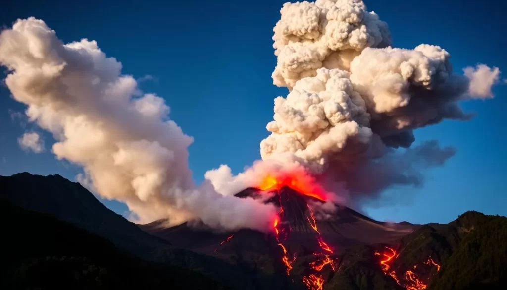 A dynamic, awe-inspiring eruption of Fuego Volcano, Guatemala, against a backdrop of a clear, azure sky. Billowing plumes of ash and smoke rise majestically, casting dramatic shadows across the lush, verdant slopes. In the foreground, glowing lava flows cascade down the volcano's flanks, illuminating the scene with an otherworldly glow. Captured with a wide-angle lens to convey the sheer scale and power of this natural spectacle, the image exudes a sense of raw, untamed energy, perfectly encapsulating the captivating display of Fuego's volcanic might.