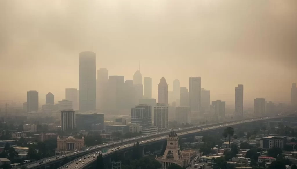 A dystopian cityscape of Los Angeles, the City of Angels, shrouded in a hazy gloom. In the foreground, a sprawling freeway system chokes with congested traffic, exhaust fumes hanging thick in the air. Towering skyscrapers loom in the middle ground, their reflective glass facades a mirage of wealth and prosperity. Yet, in the shadows, the homeless struggle, their makeshift shelters a stark contrast to the opulent high-rises. The background reveals a smoggy horizon, the iconic Hollywood sign barely visible through the murky atmosphere, a symbol of the city's darker urban realities. Capture the mood of a metropolis grappling with the consequences of unchecked development and inequality, a cautionary tale of the City of Angels' fallen grace.