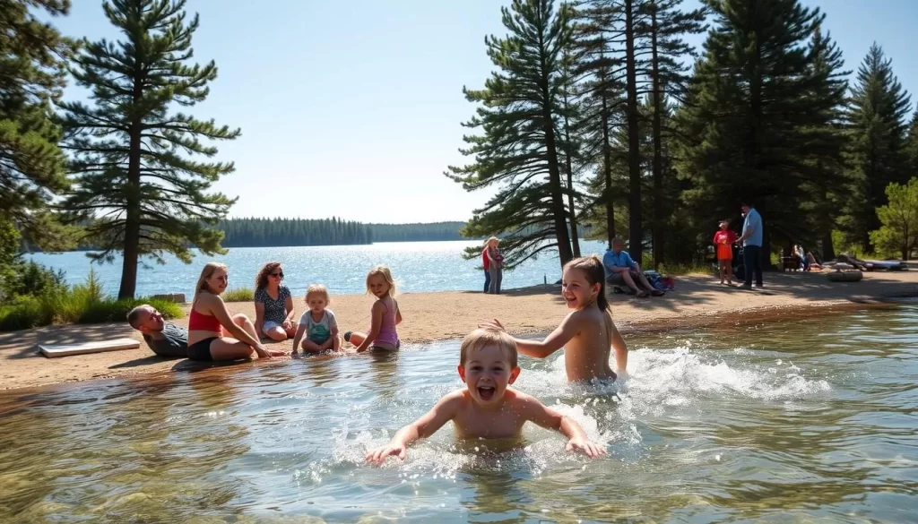 A family enjoying a sunny day at the serene Caddy Lake in Manitoba. In the foreground, children splash in the crystal-clear waters, their laughter filling the air. Parents lounge on the shore, soaking up the warmth of the sun. In the middle ground, a group prepares a picnic, the aroma of freshly grilled burgers drifting through the scene. In the background, towering pines frame the glimmering lake, their verdant canopy casting a gentle, dappled light. The atmosphere is one of tranquility and joy, capturing the essence of a perfect family outing at this picturesque Canadian destination.