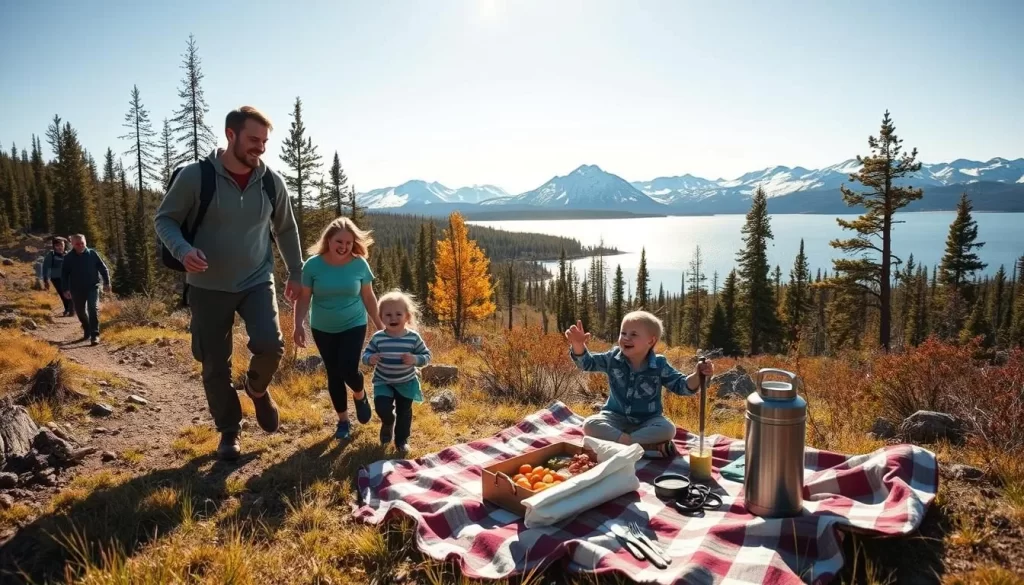 A family enjoying an outdoor adventure at Hidden Lake Territorial Park, in the serene Northwest Territories. In the foreground, a father and mother guide their young children along a well-marked hiking trail, their laughter and delight reflecting the warm, golden sunlight filtering through the surrounding boreal forest. In the middle ground, a picnic blanket is spread out, with a hearty lunch and thermos of hot cocoa ready to be savored. In the distance, the shimmering waters of Hidden Lake are framed by majestic snow-capped peaks, casting a tranquil, peaceful atmosphere over the entire scene.