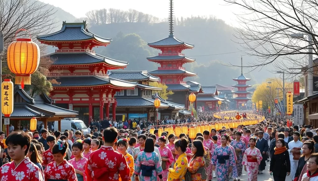 A festival procession winding through the streets of Ōita, Japan. In the foreground, people in traditional festival attire – vibrant yukatas, colorful hachimaki headbands, and gracefully carried festival lanterns. The middle ground shows crowds of onlookers, politely observing the parade while respecting personal space. In the background, ancient temples and shrines provide a serene, historic backdrop, illuminated by warm afternoon sunlight. The atmosphere is one of joyful celebration and reverence, with participants following established etiquette to preserve the cultural significance of the event.