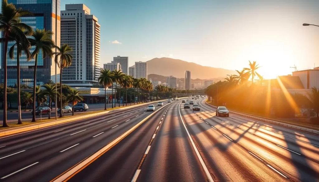 A four-lane highway snakes through the bustling city of San Salvador, flanked by towering skyscrapers and lush palm trees. The sun casts a warm, golden glow over the scene, illuminating the smooth asphalt and the steady flow of traffic. In the distance, the majestic Cerro El Picacho mountain range rises majestically, providing a stunning backdrop to the urban landscape. The scene conveys a sense of energy and progress, capturing the dynamic essence of San Salvador as a thriving, modern metropolis.
