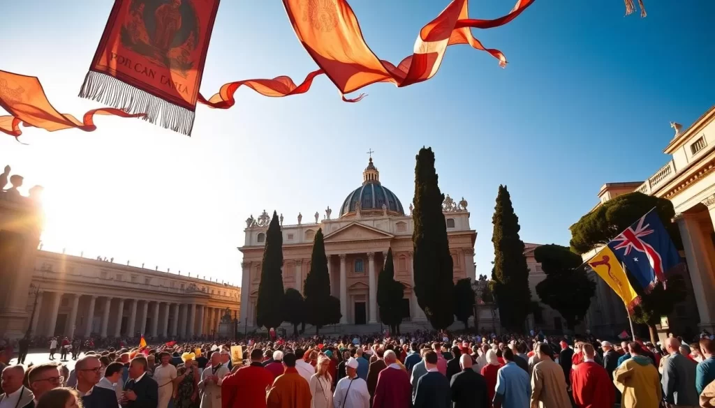 A grand Vatican square, bathed in warm sunlight, as a vibrant festival unfolds. In the foreground, a parade of robed figures, their colorful garments swaying in a gentle breeze. Intricate banners and flags flutter overhead, casting playful shadows. In the middle ground, a grand basilica rises, its ornate façade adorned with statues and intricate carvings. Towering cypress trees line the perimeter, providing a sense of timeless grandeur. The scene is alive with the energy of the festivities, capturing the rich cultural heritage and spiritual significance of the Vatican's renowned celebrations.