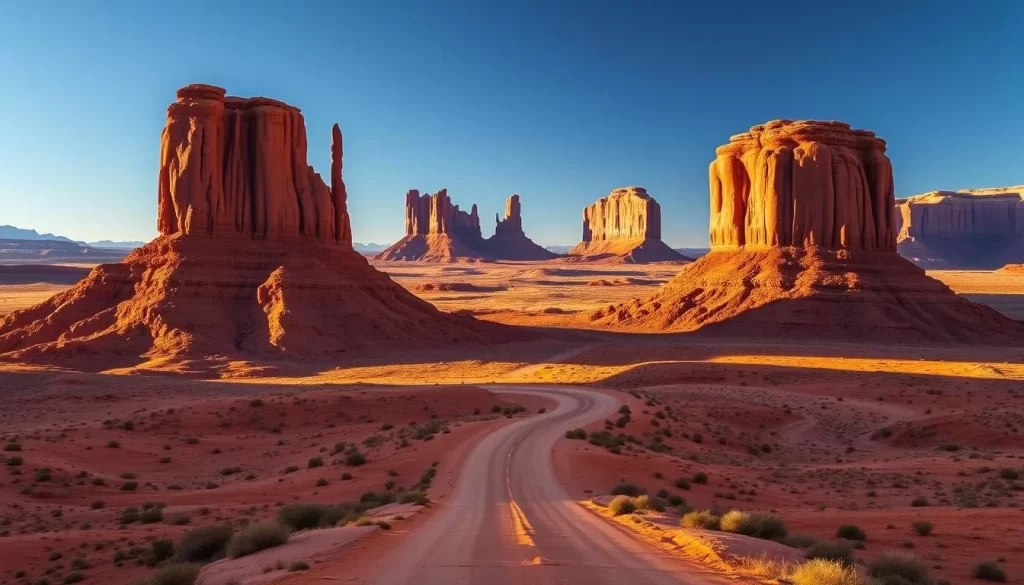 A grand and majestic scene of Monument Valley, where towering sandstone buttes rise up against a clear azure sky. In the foreground, sweeping vistas of the iconic red rock formations, their weathered surfaces casting dramatic shadows across the desert floor. In the middle ground, a winding dirt road leads the eye towards the horizon, framed by the iconic silhouettes of the Mitten Buttes. The warm, golden light of the sun bathes the entire landscape, creating a serene and awe-inspiring atmosphere. Capture the timeless beauty and powerful grandeur of this natural wonder, a true masterpiece of the American Southwest.