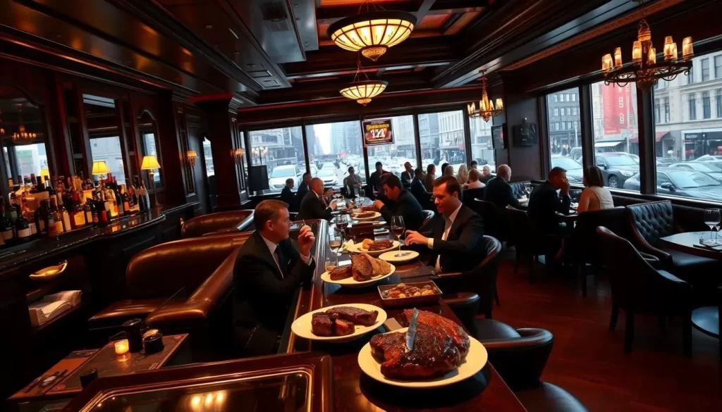 A grand and opulent New York City steakhouse, with plush leather seating, dark wood paneling, and soft, warm lighting. The impressive bar dominates the foreground, with bottles of premium liquor and a gleaming brass rail. In the middle ground, well-dressed patrons converse over steaming plates of succulent, expertly grilled steaks and robust red wines. The background features a view of the bustling city streets outside, hinting at the vibrant energy of the iconic NYC dining scene. An atmosphere of refined elegance and indulgence pervades the scene, capturing the essence of the celebrated steakhouse culture of New York.