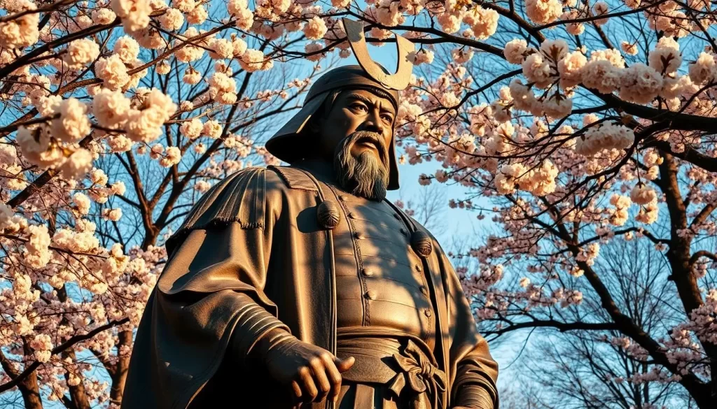 A grand bronze statue of Saigo Takamori, a revered samurai and military leader, stands tall in the serene Ueno Park. Captured in a heroic pose, his weathered face exudes a sense of stoic determination. The statue is bathed in warm, golden sunlight, casting dramatic shadows that accentuate the intricate details of his traditional samurai attire. Surrounding the sculpture, lush cherry blossom trees sway gently in the breeze, creating a picturesque scene that evokes the elegance and cultural heritage of Japan. The overall composition conveys a sense of reverence and appreciation for this historic figure, inviting visitors to pause and reflect on his legacy.
