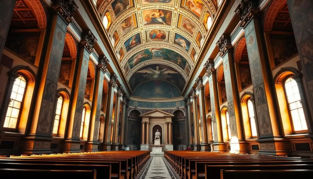 A grand, cavernous interior of the Sistine Chapel in the heart of Vatican City, bathed in warm, golden light streaming through the tall, arched windows. The ornate, vaulted ceiling and walls adorned with Michelangelo's breathtaking frescoes, depicting scenes from the Book of Genesis and the Last Judgment. Rows of wooden pews line the central aisle, leading the eye towards the ornate, marble altar at the far end. The atmosphere is one of reverence and awe, inviting visitors to bask in the timeless beauty and artistic mastery of this iconic Renaissance masterpiece.