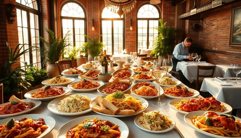 A grand display of authentic Italian cuisine in a warm, inviting setting. Plates brimming with hearty pasta dishes, fragrant sauces, and fresh-baked garlic bread, all bathed in golden afternoon light streaming through large windows. A central table showcases glistening antipasti platters, while the background features lush potted plants and rustic, exposed-brick walls, creating a cozy, neighborhood trattoria ambiance. Crisp white tablecloths, gleaming wine glasses, and attentive servers add an air of refined elegance, capturing the essence of Chicago's beloved Italian restaurants.
