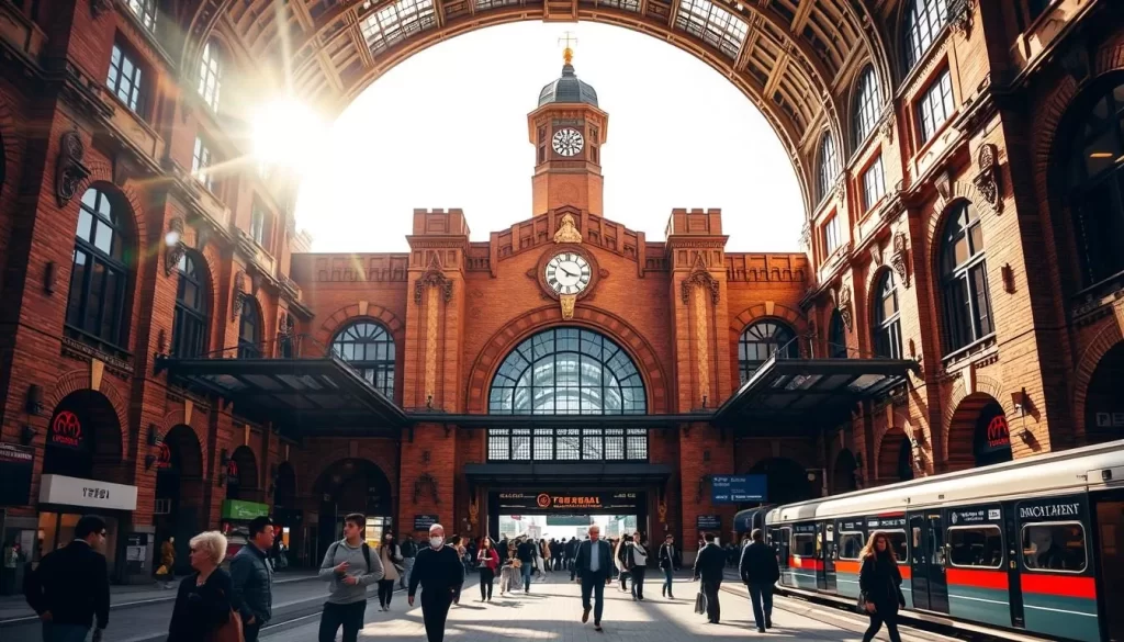 A grand, early 20th century train station in central Tokyo, with its ornate brick facade, sweeping arched entry, and bustling concourse. Bright natural light streams through the huge windows, illuminating the intricate architectural details and lively activity of travelers passing through. In the foreground, people stroll along the platform, their silhouettes casting dynamic shadows. Beyond, the station's iconic clock tower and cupola rise majestically, framed by a clear blue sky. The overall scene conveys a sense of elegance, efficiency, and the vibrant energy of this important transportation hub nestled within the heart of the city.