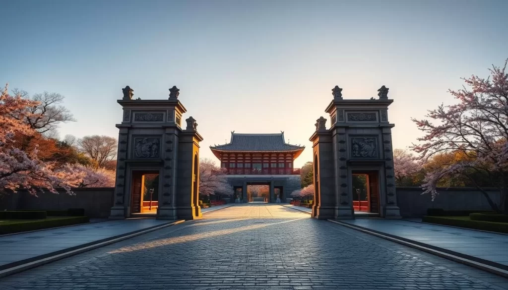 A grand entrance to the Imperial Palace grounds in Tokyo, Japan. The manicured gardens and ancient architecture stand in serene harmony, bathed in warm, golden light. Towering gates guard the elegant palace, their intricate carvings casting long shadows across the cobblestone path. In the distance, cherry blossom trees sway gently, their pink petals drifting on the gentle breeze. The scene exudes a sense of timeless tranquility, inviting visitors to step back in time and explore the rich history and cultural significance of this iconic landmark.
