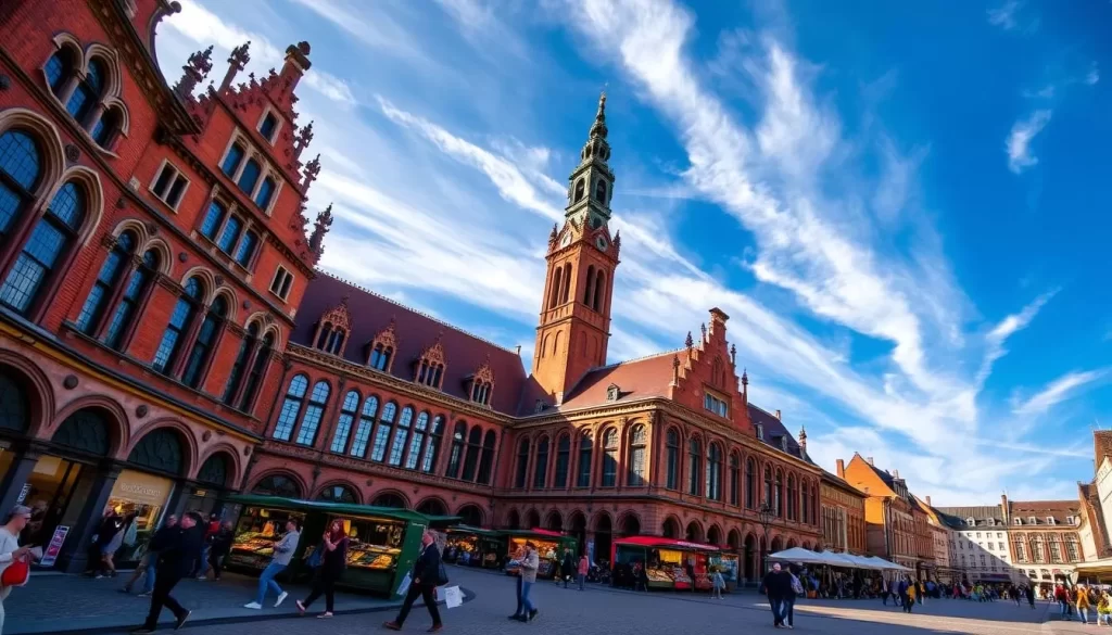 A grand, historic Delft City Hall stands majestically in the bustling Market Square, its red-brick facade and ornate tower bathed in warm, golden sunlight. Intricate gables, carved details, and arched windows create a captivating Renaissance-era aesthetic. Cobblestone streets wind around the central plaza, where locals and visitors gather to browse the vibrant market stalls, filled with fresh produce, artisanal crafts, and lively chatter. In the foreground, people stroll leisurely, admiring the iconic architecture and soaking in the charming atmosphere of this quintessential Dutch town. Wispy clouds drift across a brilliant blue sky, completing the picturesque scene.
