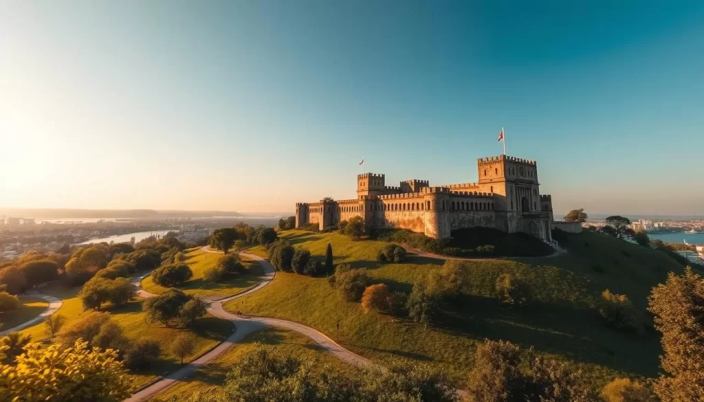 A grand, historic fortress standing atop a hill overlooking the Sava and Danube rivers, Kalemegdan Park in Belgrade, Serbia. In the foreground, lush greenery and winding paths lead visitors through the sprawling grounds. The middle ground features the imposing stone walls and towers of the fortress, their intricate architecture and weathered facades bathed in warm, golden sunlight. In the background, the picturesque city skyline and the glistening waters of the two rivers create a serene, panoramic view. Capture the majesty and tranquility of this iconic Serbian landmark on a pleasant, cloudless day, showcasing its historical significance and natural beauty through a wide-angle lens.