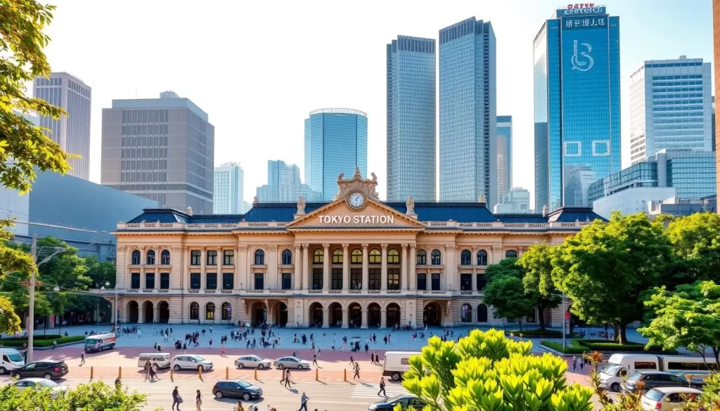 A grand, majestic Tokyo Station building stands tall, its elegant neo-baroque architecture bathed in warm afternoon sunlight. The expansive forecourt and plaza are bustling with pedestrians and vehicles, creating a lively, dynamic scene. In the background, the Marunouchi skyscrapers rise, their glass facades gleaming. Lush greenery surrounds the station, adding a sense of tranquility to the urban landscape. The overall mood is one of vibrant activity and historic grandeur, inviting the viewer to explore this iconic transportation hub and the surrounding district.