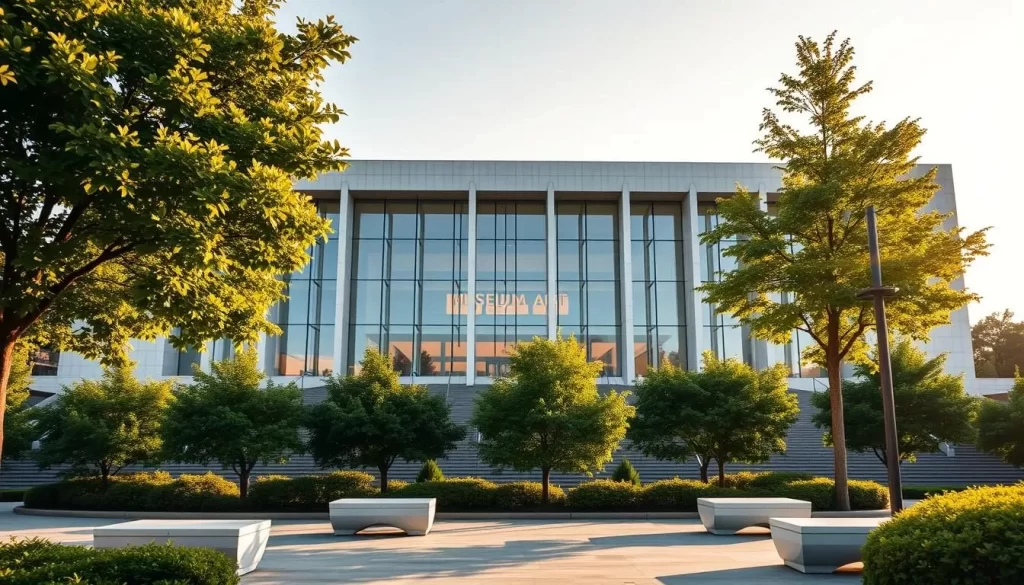 A grand, modern facade of the Utsunomiya Museum of Art, bathed in warm, golden sunlight. The structure features clean, geometric lines and expansive glass panels, reflecting the surrounding nature. In the foreground, a tranquil plaza with sleek, minimalist benches invites visitors to pause and admire the architectural masterpiece. Lush, verdant trees and shrubs frame the scene, creating a harmonious blend of nature and contemporary design. The atmosphere exudes a sense of serenity and artistic appreciation, perfectly capturing the essence of Utsunomiya's vibrant art and cultural scene.
