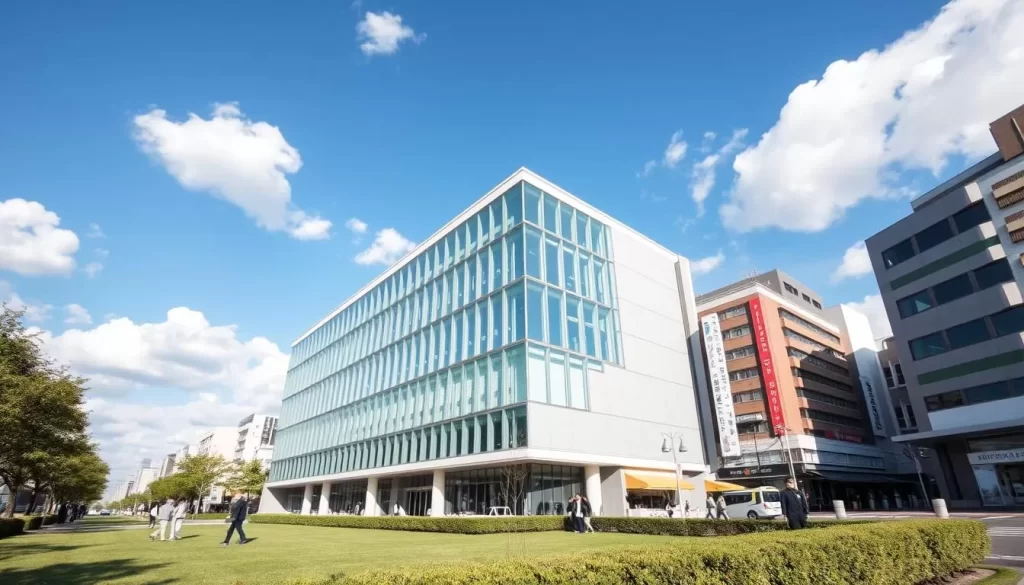 A grand, modern three-story building with sleek glass facade and angular design, set against a bright blue sky with fluffy white clouds. The Itabashi Science and Education Hall stands prominently, reflecting sunlight. In the foreground, a well-manicured lawn and neatly-trimmed hedges. The middle ground features pedestrians strolling around the building, admiring its architectural beauty. The background showcases the bustling streets of Itabashi-ku, Tokyo, with shops, restaurants, and high-rise buildings. The scene exudes a sense of sophistication, education, and community.