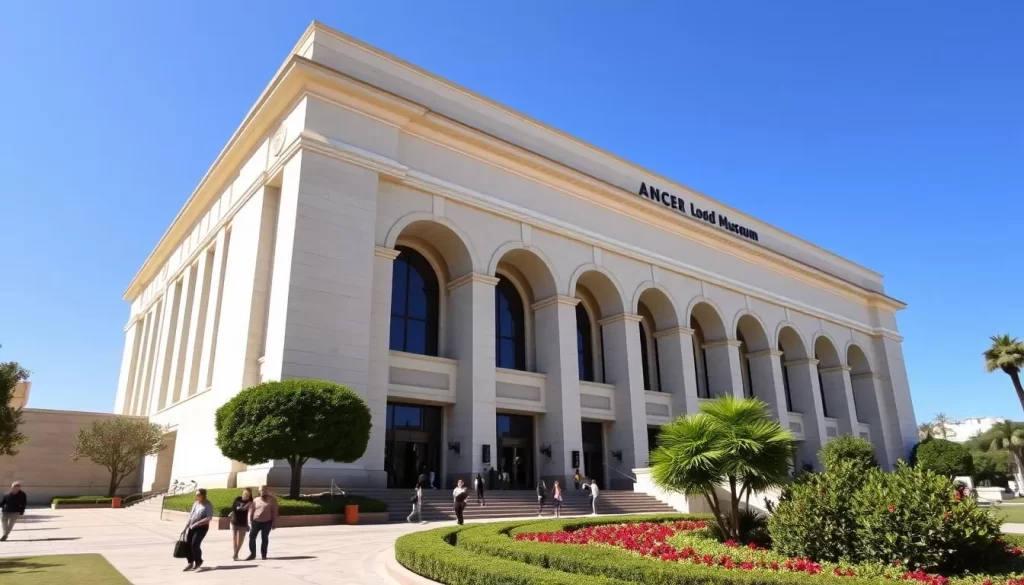 A grand museum facade rises against a clear blue sky, its sweeping lines and elegant arches exuding a sense of grandeur. Sunlight bathes the creamy limestone exterior, casting warm shadows that accentuate the intricate architectural details. Manicured gardens flank the entrance, their lush greenery and vibrant blooms softening the stately presence of the building. Visitors stroll along the paved walkways, taking in the museum's impressive scale and artistic flair. The scene evokes a feeling of cultural exploration and intellectual wonder, perfectly capturing the essence of Los Angeles' rich artistic heritage.