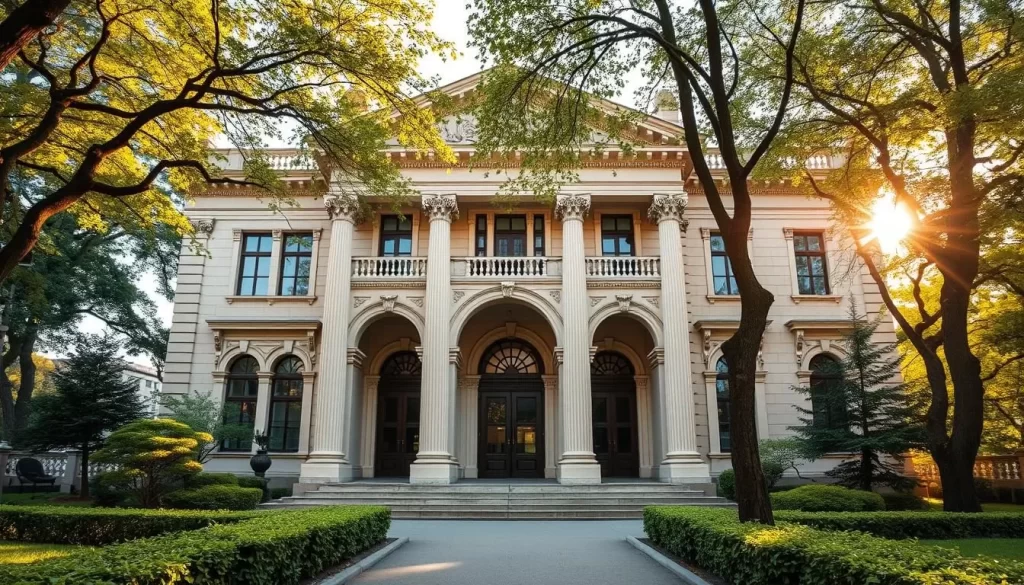 A grand neoclassical building with ornate columns and arched entryways, surrounded by lush greenery. The Itabashi Historical Museum stands proud, its majestic facade illuminated by warm, golden sunlight filtering through the trees. Intricate architectural details adorn the structure, creating a sense of timeless elegance. The scene is captured with a wide-angle lens, allowing the viewer to appreciate the museum's impressive scale and the beautifully landscaped gardens that frame it. An atmosphere of tranquility and historical significance permeates the image, inviting the viewer to explore the treasures within.