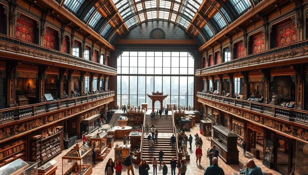 A grand, ornate culture museum nestled in the heart of a bustling city. Sunlight streams through large windows, illuminating intricate architectural details and a wide array of cultural artifacts. In the foreground, visitors explore vibrant exhibits showcasing traditional crafts, artwork, and historical relics. The middle ground features a grand central atrium with soaring ceilings and a majestic staircase leading to upper galleries. Beyond, the background reveals a cityscape visible through the museum's expansive glass facade, providing a seamless blend of the modern and the traditional. An atmosphere of wonder, learning, and cultural immersion pervades the scene.