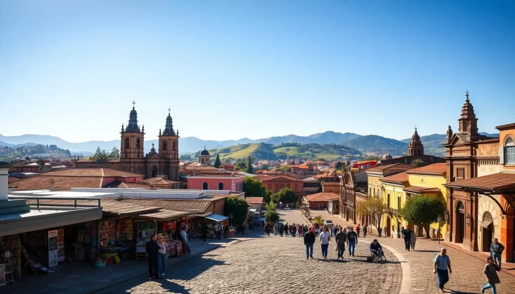A grand vista of Antigua Guatemala's iconic cityscape, bathed in warm afternoon light. Cobblestone streets wind through a tapestry of vibrant colonial architecture, with towering church spires piercing the clear blue sky. In the foreground, native Guatemalan vendors offer their colorful wares, as residents and tourists alike stroll leisurely, taking in the charming atmosphere. The middle ground reveals the rolling green hills that surround the historic town, creating a picturesque natural backdrop. Shoot this scene with a wide-angle lens to capture the full grandeur, and use soft, diffused lighting to enhance the antique, timeless ambiance.