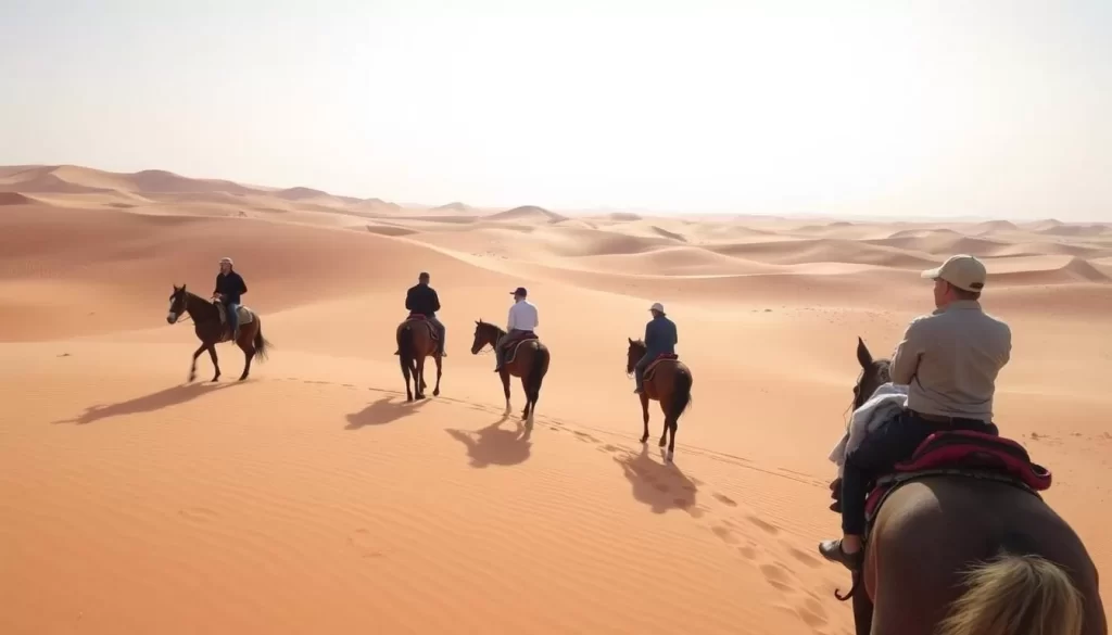 A group on horseback riding through the desert with Koli Equestrian Center guides.