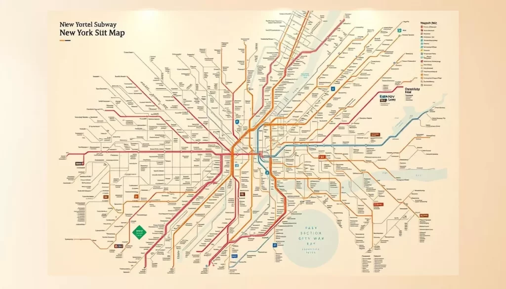 A high-resolution, detailed illustration of the New York City subway map, showcasing the intricate network of subway lines, stations, and landmarks. The map is displayed on a clean, uncluttered background, with a warm, natural lighting that casts a soft, inviting glow. The perspective is slightly elevated, providing a comprehensive view of the entire system, allowing the viewer to easily navigate and plan their NYC pizza tour. The map's design is sleek and modern, with clear and legible labels, emphasizing the key subway routes and neighborhoods. The overall mood is informative and visually appealing, complementing the article's subject matter and section title.