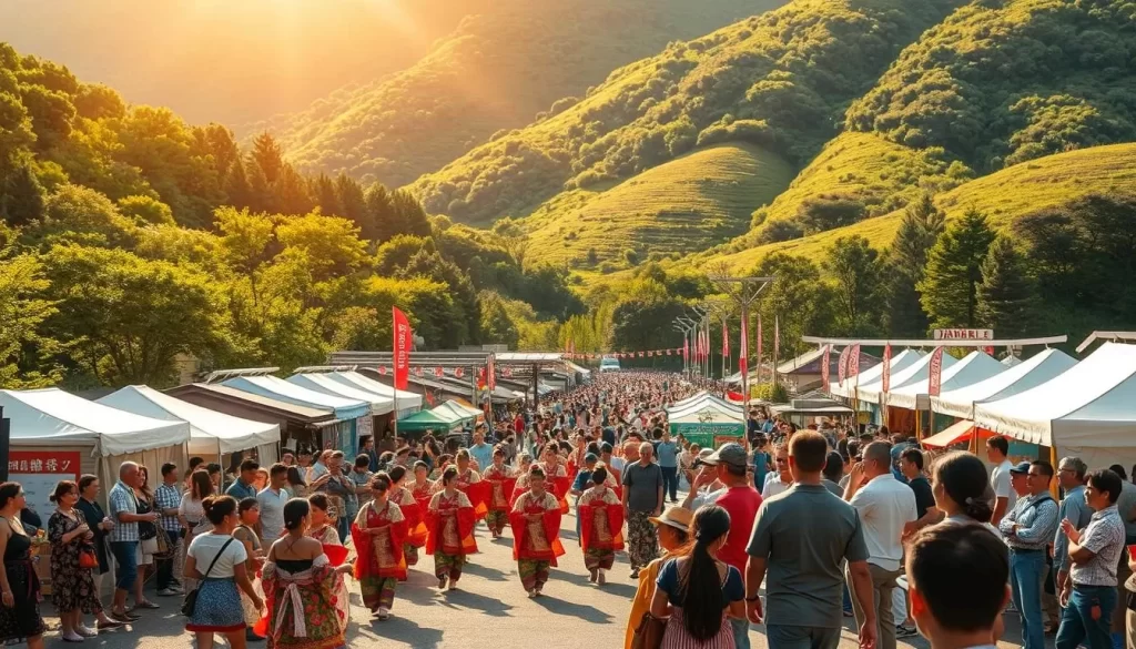 A joyous festival in the lush Yambaru National Park, Japan. In the foreground, a colorful parade with dancers in vibrant traditional costumes gracefully move to the rhythm of drums and flutes. In the middle ground, a bustling market filled with artisanal crafts, delicious street food, and friendly locals. Towering in the background, the verdant, rolling hills of the national park create a stunning natural backdrop. Warm, golden sunlight filters through the trees, casting a serene, celebratory glow over the entire scene. Capture the essence of the Yambaru cultural experience, a harmonious blend of nature and tradition.