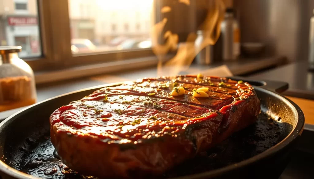 A juicy, medium-rare steak sizzling on a cast-iron grill, with a gentle smoke rising and the aroma of charred herbs and garlic filling the air. The steak's surface glistens under the warm, golden light of a late afternoon sun, casting soft shadows across the kitchen counter. In the background, a glimpse of a bustling London street is visible through a window, hinting at the vibrant city that surrounds this culinary moment. The scene exudes a sense of expertise, comfort, and the pride that comes with mastering the art of preparing an exceptional steak.