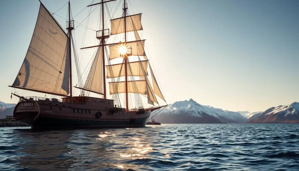 A large, majestic wooden schooner named "Our Lady of Lourdes" rests peacefully in the tranquil waters of a northern harbor. The sun casts a warm, golden glow over the vessel's weathered hull and billowing white sails, creating a serene and picturesque scene. In the foreground, the schooner's elegant lines and intricate rigging are captured in sharp detail, while in the background, a panoramic view of the surrounding landscape unfolds, with snow-capped mountains and a cloudless azure sky. The overall atmosphere evokes a sense of history, adventure, and the timeless beauty of Arctic waterways.