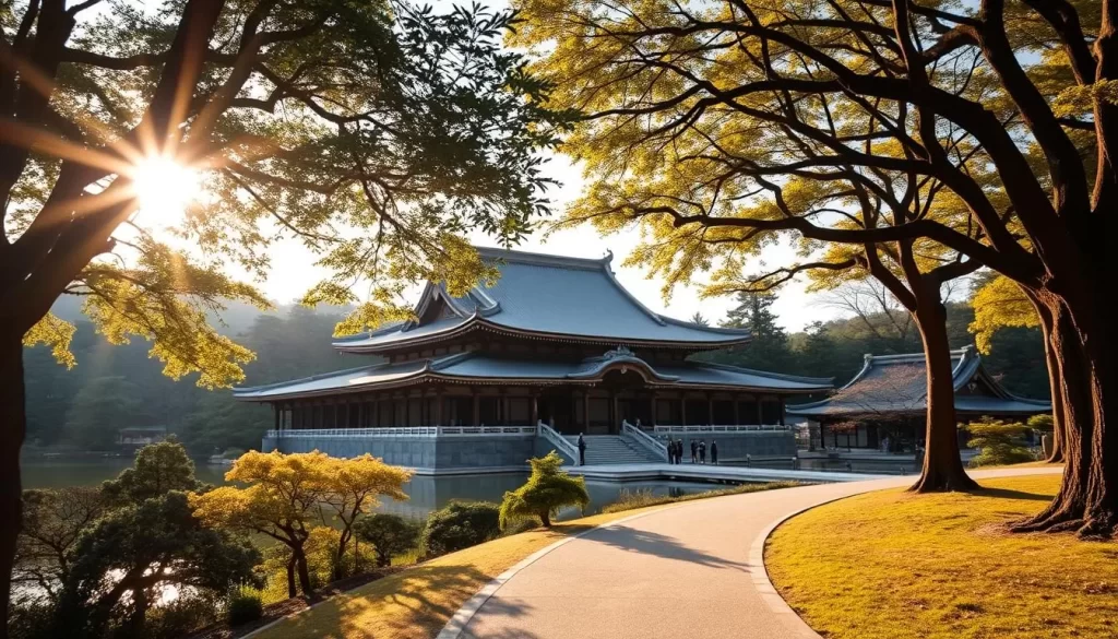 A large, ornate temple complex nestled in a serene Japanese landscape, surrounded by lush trees and a calm pond. The central structure, Bentendo Hall, features an intricate pagoda-style roof and elegant, curved architecture reminiscent of traditional Japanese design. Sunlight filters through the branches, casting a warm, golden glow across the scene. In the foreground, a winding path leads visitors towards the temple, inviting exploration. The overall atmosphere is one of tranquility and cultural significance, capturing the essence of the Sensō-ji Temple's architectural highlights.