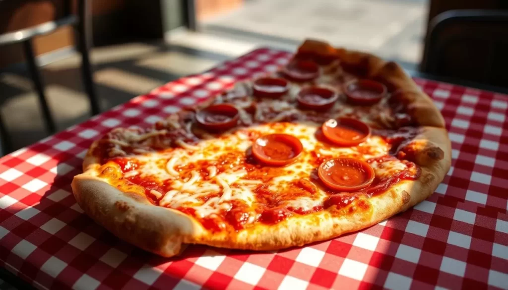 A large, tantalizing New York-style pizza slice, fresh from the oven, resting on a classic red-and-white checked tablecloth. The crust is golden-brown and crispy, with strands of mozzarella cheese glistening atop a vibrant marinara sauce. Pepperoni slices dot the surface, adding a delightful spicy kick. The slice is captured in natural daylight, casting warm shadows that accentuate the pizza's inviting textures. The scene exudes the lively atmosphere of a cozy neighborhood pizzeria, perfectly capturing the essence of New York City's celebrated pizza culture.