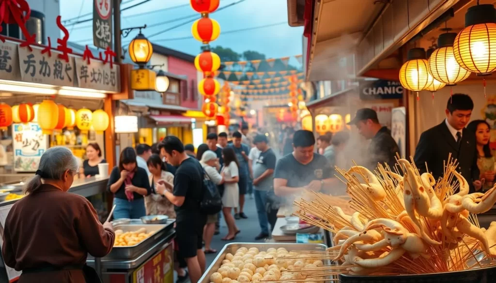 A lively Ehime festival scene, filled with the aroma of sizzling takoyaki and grilled squid on skewers. In the foreground, a bustling food stall with vendors deftly preparing the local specialties. The middle ground showcases colorful festival decorations, lanterns, and excited crowds sampling the diverse array of delectable treats. In the background, a glimpse of traditional dance performances and the vibrant energy of the event. Warm, golden lighting casts a festive glow, capturing the joy and community spirit of this beloved Ehime celebration.