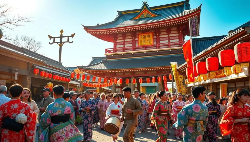 A lively Japanese festival with vibrant colors and traditional attire. In the foreground, people in ornate kimonos and yukata dance to the rhythm of drums and shamisen. In the middle ground, colorful lanterns and flags adorn the streets, creating a festive atmosphere. The background features the iconic architecture of a Shinto shrine, with its distinctive pagoda-style roofs and intricate carvings. Warm sunlight filters through the scene, casting a golden glow and highlighting the joyful celebration of Japanese culture and heritage.