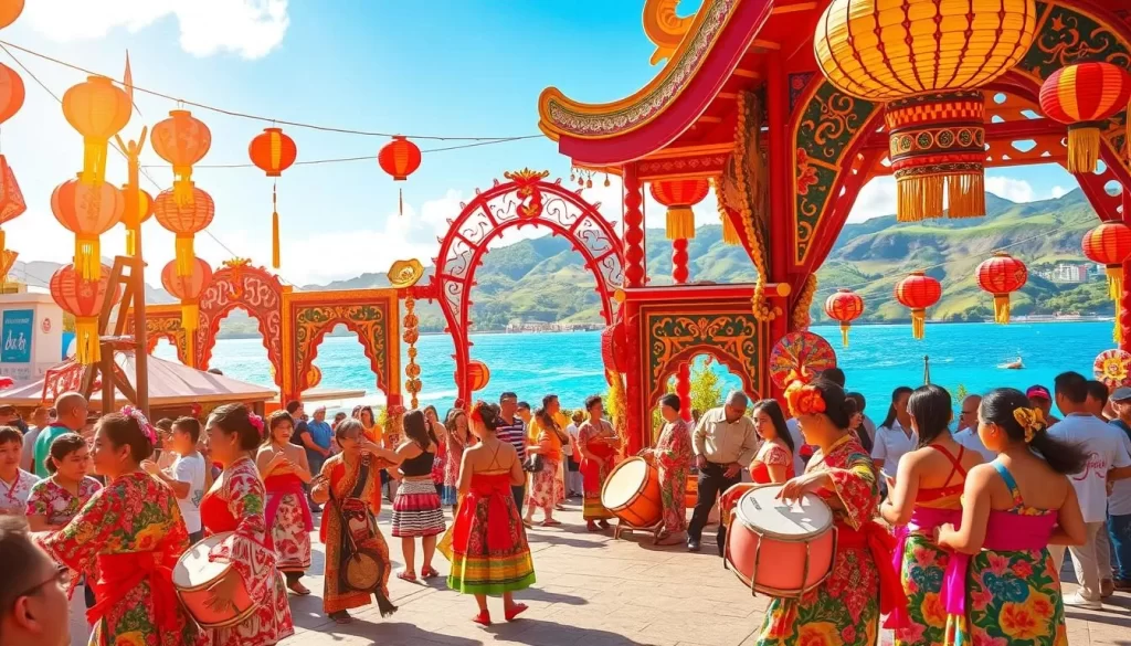A lively Okinawan festival unfolds in a vibrant display of traditional dance, music, and festive decor. In the foreground, costumed performers gracefully sway to the rhythmic beats of Okinawan drums and lively melodies. The middle ground showcases colorful paper lanterns and intricate archways adorned with vibrant patterns, while the background depicts the stunning natural landscape of Okinawa, with its sparkling azure waters and lush, verdant hills. The scene is bathed in warm, golden sunlight, evoking a joyous, celebratory mood. The camera captures the essence of Okinawan culture, showcasing the blend of ancient traditions and modern celebration.