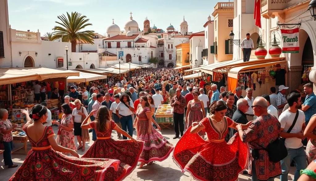 A lively Tunisian street festival, filled with vibrant colors, intricate patterns, and the festive energy of the crowd. In the foreground, traditional dancers in colorful costumes sway to the rhythm of live music, their movements graceful and energetic. In the middle ground, a diverse array of market stalls offers an array of handcrafted goods, spices, and local delicacies, while throngs of people browse and interact. In the background, the distinctive architecture of Tunisia, with its white-washed buildings and domed roofs, provides a stunning backdrop. The scene is bathed in warm, golden sunlight, creating a sense of joy and celebration. Capture the essence of Tunisia's rich festival culture with this vibrant, immersive image.