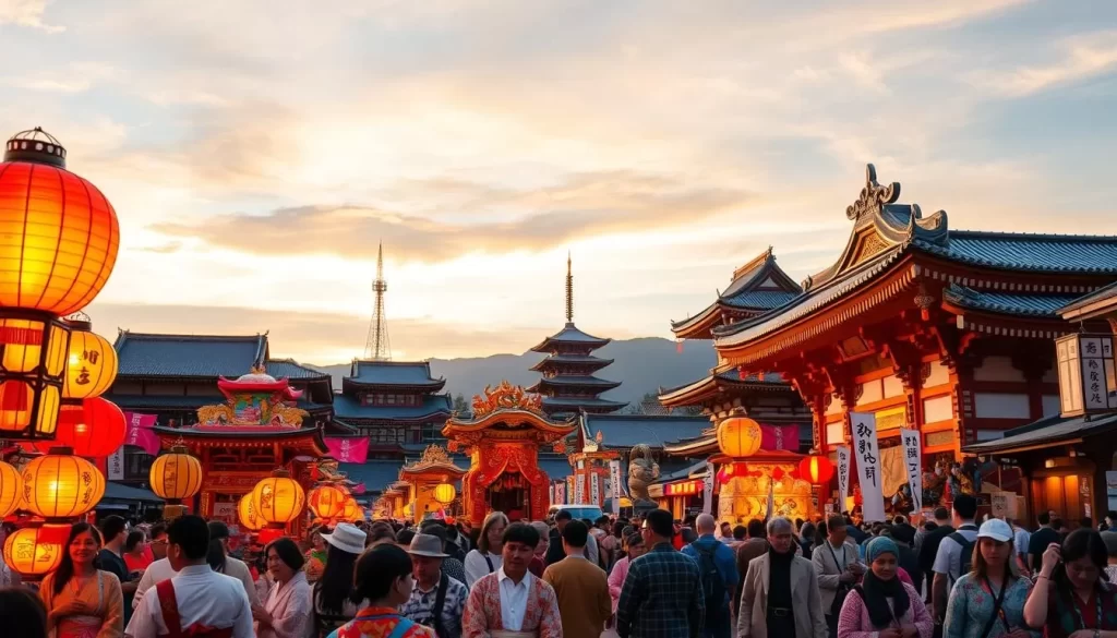A lively and colorful scene of Tochigi's vibrant festivals unfolds before us. In the foreground, people in traditional Japanese garments participate in a vibrant parade, carrying lanterns and banners that sway with the gentle breeze. The middle ground showcases ornate festival floats, intricately decorated with intricate carvings and vibrant hues, while the background features the silhouettes of historic temples and shrines against a warm, golden sky. The warm, inviting lighting captures the festive atmosphere, inviting the viewer to immerse themselves in the joyous celebrations of Tochigi's rich cultural heritage.
