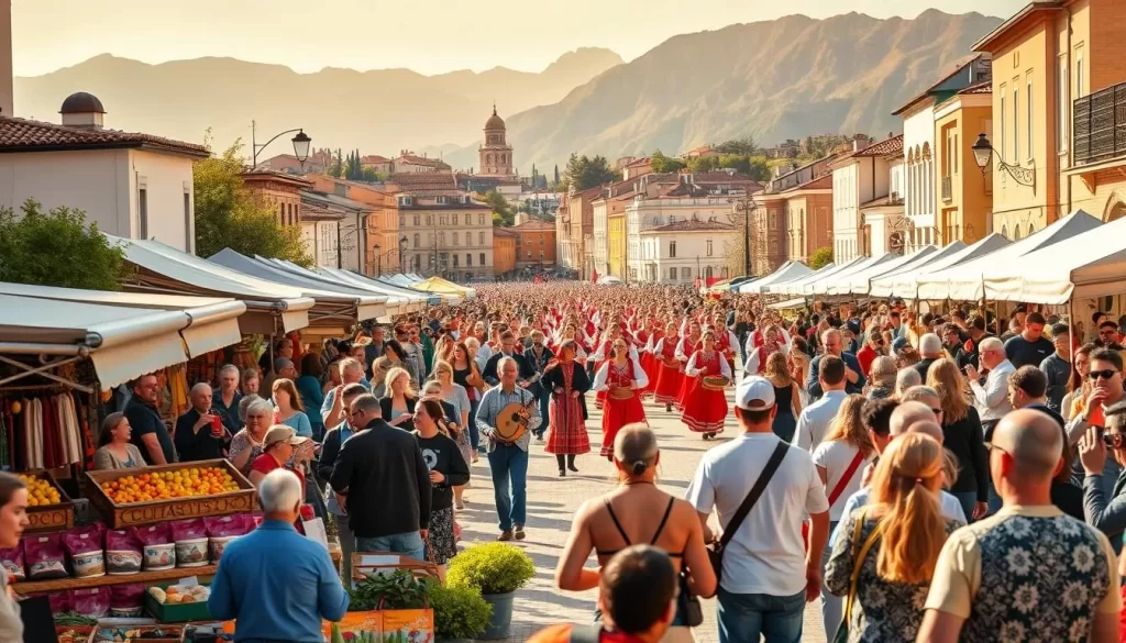 A lively and colorful scene showcasing Albania's vibrant year-round festivals. In the foreground, a bustling street market with vendors selling traditional handicrafts, local produce, and fragrant spices. In the middle ground, a grand parade with musicians playing energetic folk music, dancers in intricate costumes, and spectators cheering enthusiastically. In the background, a backdrop of historic buildings and towering mountains, bathed in warm, golden sunlight. The atmosphere is festive and joyous, capturing the spirit of Albania's diverse cultural celebrations.
