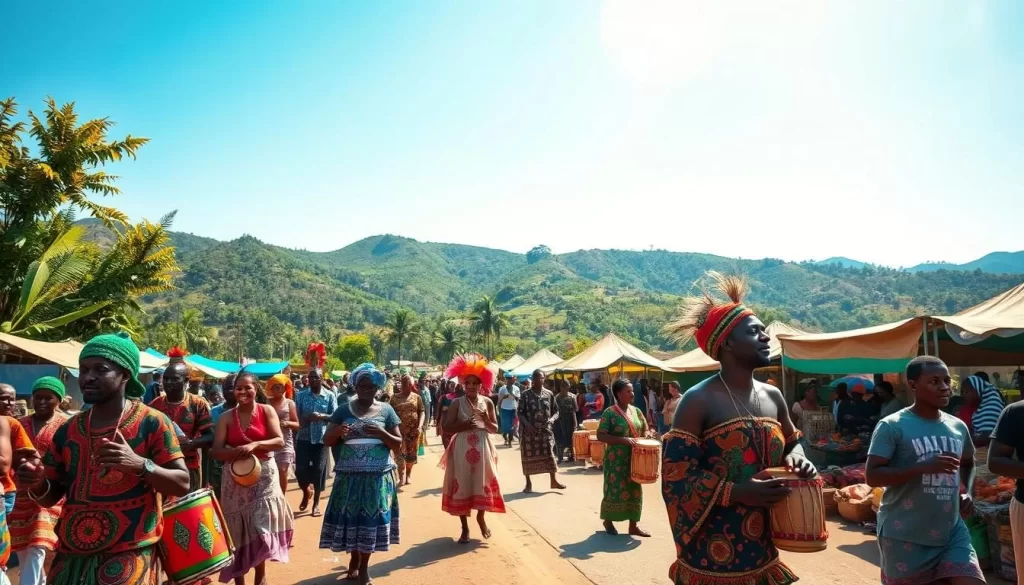 A lively and vibrant Burundian festival scene on a sunny day. In the foreground, a colorful parade with musicians playing traditional instruments, dancers in intricate costumes, and locals celebrating with joy and energy. The middle ground features a bustling marketplace, with vendors selling handcrafted goods, fresh produce, and local delicacies. In the background, a backdrop of lush, verdant hills and a clear blue sky, creating a serene and picturesque setting. The lighting is warm and natural, casting a golden glow over the entire scene. The composition is balanced, with a focus on capturing the spirit and essence of a typical Burundian festival.