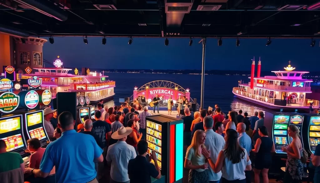 A lively and vibrant scene in Tunica, Mississippi, showcasing the best entertainment options the city has to offer. In the foreground, a bustling casino floor with people playing slot machines and table games, their faces alight with excitement. In the middle ground, a large stage features a live band performing, the crowd dancing and swaying to the music. In the background, the iconic riverboat casinos along the Mississippi River, their neon lights reflecting on the water's surface, creating a mesmerizing atmosphere. The lighting is warm and inviting, capturing the energy and excitement of a thriving entertainment district. The composition should be dynamic, with a sense of movement and activity, drawing the viewer into the vibrant scene.