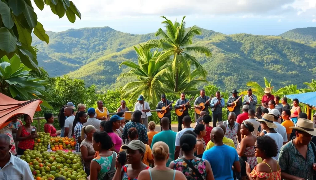 A lively celebration of Reunion Island's vibrant guava culture set against a backdrop of lush tropical foliage. In the foreground, a crowd of locals and visitors mill around colorful market stalls, sampling freshly picked guavas and browsing handcrafted guava-based products. In the middle ground, a traditional Creole band plays upbeat rhythms, their music infusing the air with an energetic, celebratory atmosphere. The background features the verdant hills and azure skies characteristic of Reunion's breathtaking natural landscape. Warm, soft lighting imbues the scene with a warm, welcoming ambiance, inviting viewers to immerse themselves in the vibrant cultural festivities.