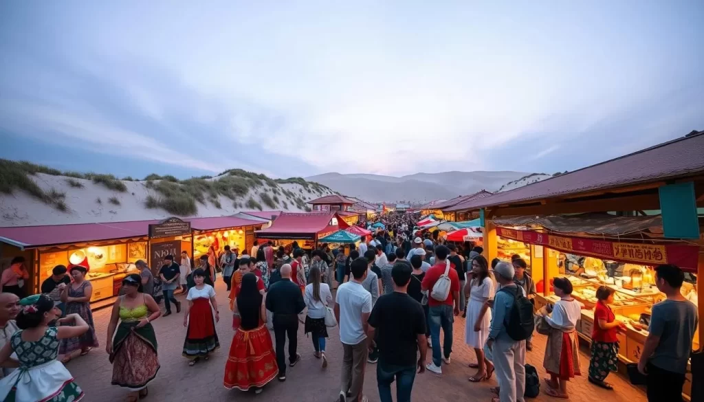 A lively celebration unfolds in the heart of Tottori, Japan. The Tottori Sand Dunes provide a stunning natural backdrop as locals and visitors gather for the annual Tottori Festival. In the foreground, colorfully dressed dancers sway to the rhythmic beats of traditional drums and flutes. The middle ground captures the vibrant food stalls and artisanal craft vendors, offering a captivating array of local delicacies and unique handmade treasures. In the distance, the sky is painted with soft hues of blue, complementing the overall warm and festive atmosphere. Capture the essence of this joyous celebration through a wide-angle lens, showcasing the harmonious blend of nature, culture, and community that defines the Tottori Festival.