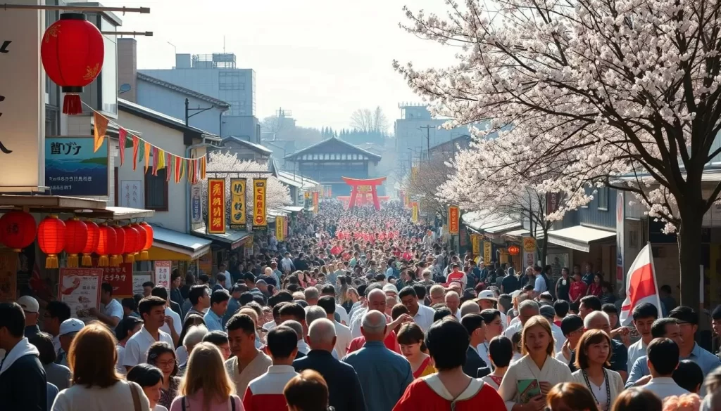 A lively crowd gathers in the streets of Kagawa Prefecture, Japan, during a vibrant festival. In the foreground, colorful banners and lanterns adorn the stalls, while people in traditional attire weave through the bustling scene. In the middle ground, a grand parade marches by, with musicians playing lively tunes and dancers twirling in synchronized steps. In the background, historic buildings and cherry blossom trees frame the festive atmosphere, bathed in warm afternoon sunlight. The air is filled with the aroma of delicious street food and the excited chatter of the celebrating crowd, creating a captivating and immersive experience.