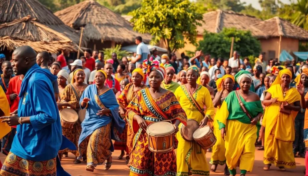 A lively display of vibrant colors and energetic movement, capturing the essence of cultural festivals in Niger. In the foreground, a procession of dancers adorned in traditional costumes sway to the rhythmic beats of drums and local instruments. The middle ground showcases a crowd of spectators, their faces alight with excitement and a sense of community. In the background, a backdrop of thatched-roof structures and lush greenery sets the scene, evoking the rural and authentic nature of these celebrations. Warm, golden lighting casts a soft glow, heightening the festive atmosphere. The overall composition conveys the joyous and culturally rich experience of these cherished events.