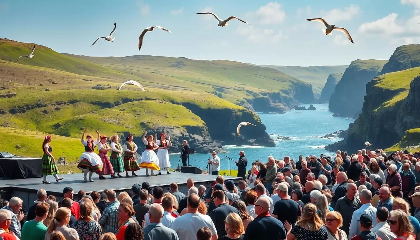 A lively festival scene in the Faroe Islands, with traditional dancers in colorful costumes performing on a stage against a backdrop of rolling green hills and dramatic coastal cliffs. Bright sunlight bathes the scene, casting warm shadows and highlighting the vibrant textiles. In the foreground, a crowd of locals and visitors mingle, enjoying local cuisine and music. Seagulls soar overhead, adding to the seaside ambiance. The atmosphere is one of celebration, community, and a deep connection to the rugged natural landscape.