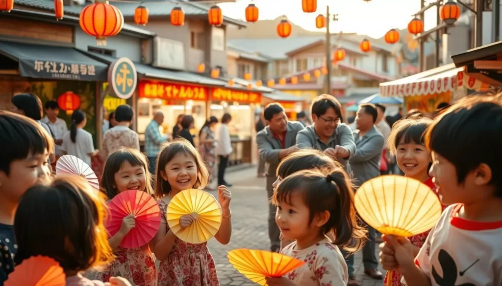 A lively outdoor festival in a Japanese town, with families gathered for traditional activities. In the foreground, children play with colorful paper fans and lanterns, their laughter filling the air. In the middle ground, adults participate in a tug-of-war game, their faces alight with joy and camaraderie. The background features vibrant food stalls, their aromas wafting through the bustling scene. Warm, golden lighting bathes the entire festivities, creating a cozy, celebratory atmosphere. The image captures the essence of a cherished family-oriented Japanese festival, showcasing the rich cultural traditions and the spirit of community.