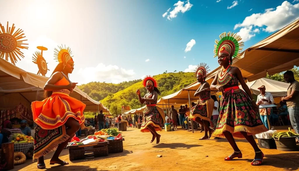 A lively outdoor scene in Liberia, featuring a vibrant cultural festival. In the foreground, colorful traditional dancers twirl and leap, adorned in intricate masks and costumes. In the middle ground, a bustling marketplace with vendors selling handcrafted goods, local produce, and steaming street food. The background showcases the natural beauty of Liberia, with lush green hills and a clear blue sky overhead, bathed in warm, golden sunlight. The atmosphere is joyous and celebratory, capturing the rich heritage and vibrant spirit of the Liberian people.
