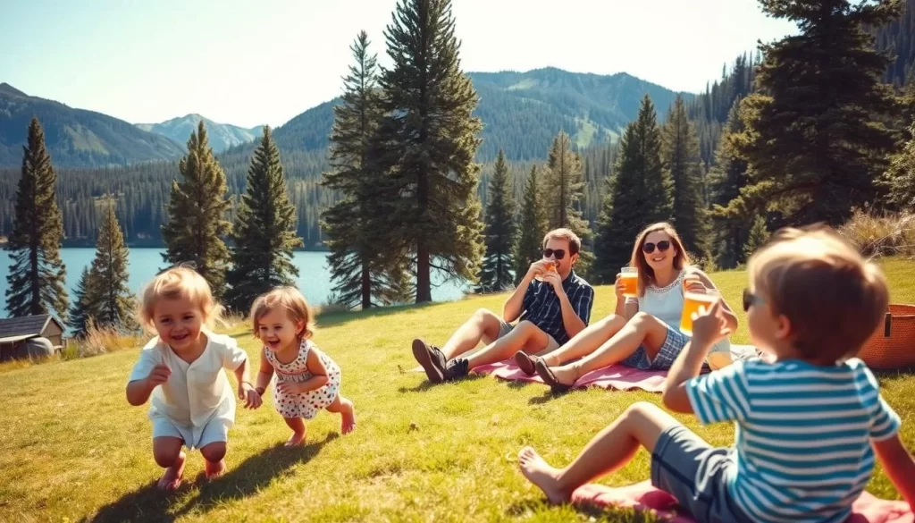 A lively outdoor scene in McCall, Idaho, showcasing a family enjoying a sunny day together. In the foreground, children play joyfully on a grassy lawn, their laughter filling the air. In the middle ground, parents recline on a cozy picnic blanket, sipping refreshing beverages and taking in the serene mountain landscape. In the background, towering pines and a crystal-clear lake create a picturesque backdrop, bathed in warm, golden light. The overall atmosphere radiates a sense of relaxation and carefree bliss, perfectly capturing the family-friendly spirit of McCall.