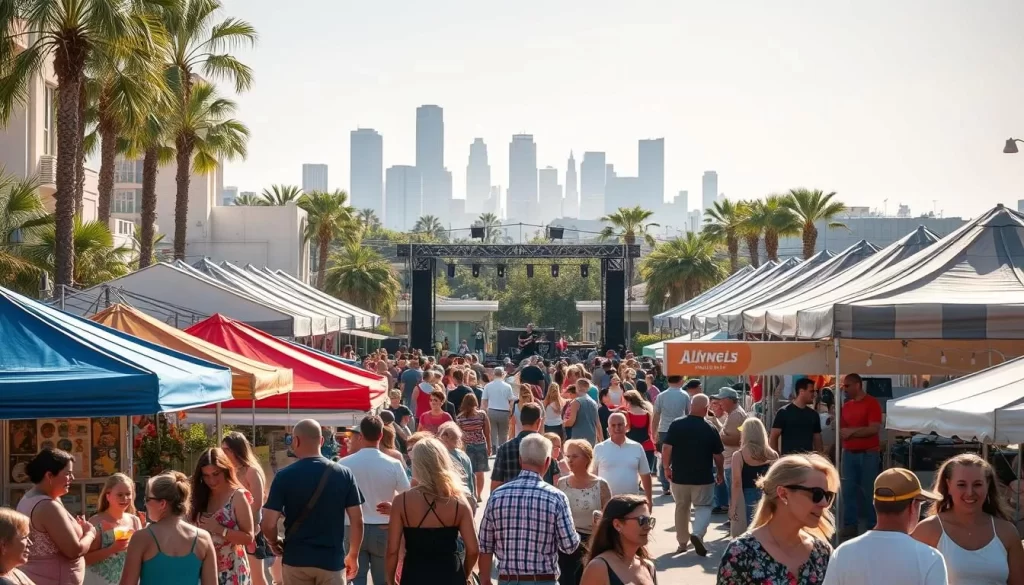 A lively outdoor summer event in a vibrant urban setting. Colorful tents and booths line the streets, offering a diverse array of local artisanal crafts, music, and food. In the foreground, families and groups of friends mingle, sampling delicacies and browsing unique wares. Bright sunshine bathes the scene, casting a warm, cheerful glow. In the middle ground, an open-air stage hosts a spirited musical performance, with a crowd of spectators swaying to the energetic beats. In the background, the iconic skyline of Los Angeles rises, framing the joyous community gathering.
