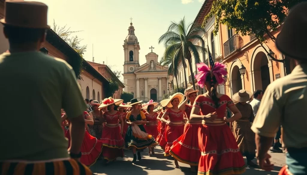 A lively procession of Nicaraguan dancers in vibrant traditional costumes, weaving through the streets of a sun-dappled colonial town. In the background, a towering cathedral stands as a testament to the nation's rich cultural heritage. Warm hues bathe the scene, creating an atmosphere of joyous celebration. The image captures the deep-rooted significance of these festivals, which serve to preserve and showcase Nicaragua's diverse cultural identity. Elegant camera framing and a cinematic depth of field draw the viewer into the heart of this captivating spectacle.