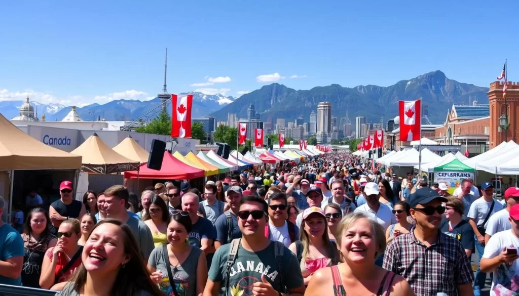 A lively scene of Canada's vibrant festivals, captured on a sunny day. In the foreground, a crowd of people enjoying live music, their faces alight with joy. In the middle ground, colorful tents, food stalls, and artisan booths line the streets, showcasing the diverse cultures and traditions of the nation. In the background, iconic Canadian landmarks, such as towering mountains or bustling cityscapes, provide a stunning backdrop. The image should convey a sense of energy, community, and the unique cultural heritage that makes Canada's festivals so captivating.
