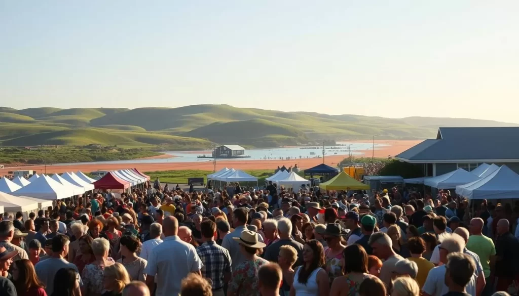 A lively scene of Prince Edward Island's vibrant festival season. In the foreground, a crowd of people in colorful attire gather around a stage, where musicians perform traditional East Coast music. In the middle ground, tents and food vendors line the streets, offering local cuisine and crafts. In the background, the rolling green hills and red-sand beaches of the island create a picturesque backdrop, bathed in warm, golden sunlight. The atmosphere is one of joy, community, and celebration of the island's rich cultural heritage.